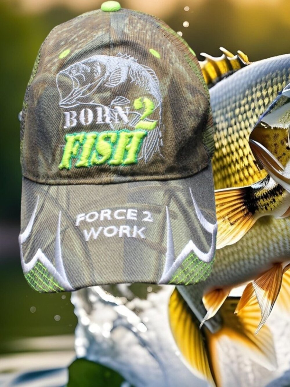 Born 2 Fish Forced 2 Work Cap Hat Dad gift Bass fishing fisherman gift